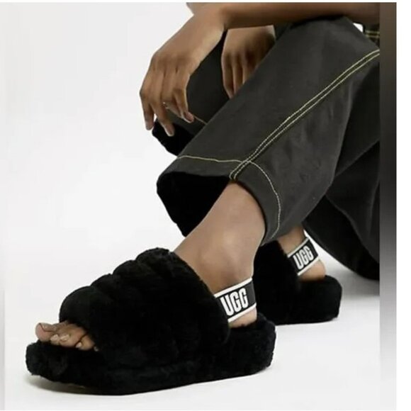UGG Fluff Yeah Slide Black Slippers Shearling Slingback Slip On Shoe Sandals - Picture 13 of 14